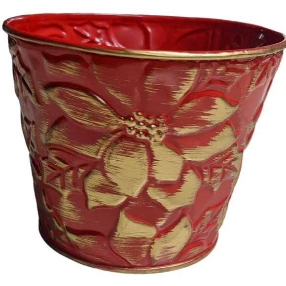 Burton & Burton Red & Gold Metal Holiday Christmas Floral Tin Planter Se… - Picture 9 of 14